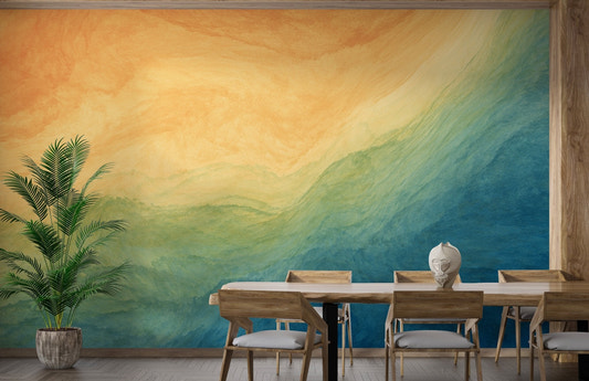 Abstract blue and yellow wall mural styling for open dining spaces