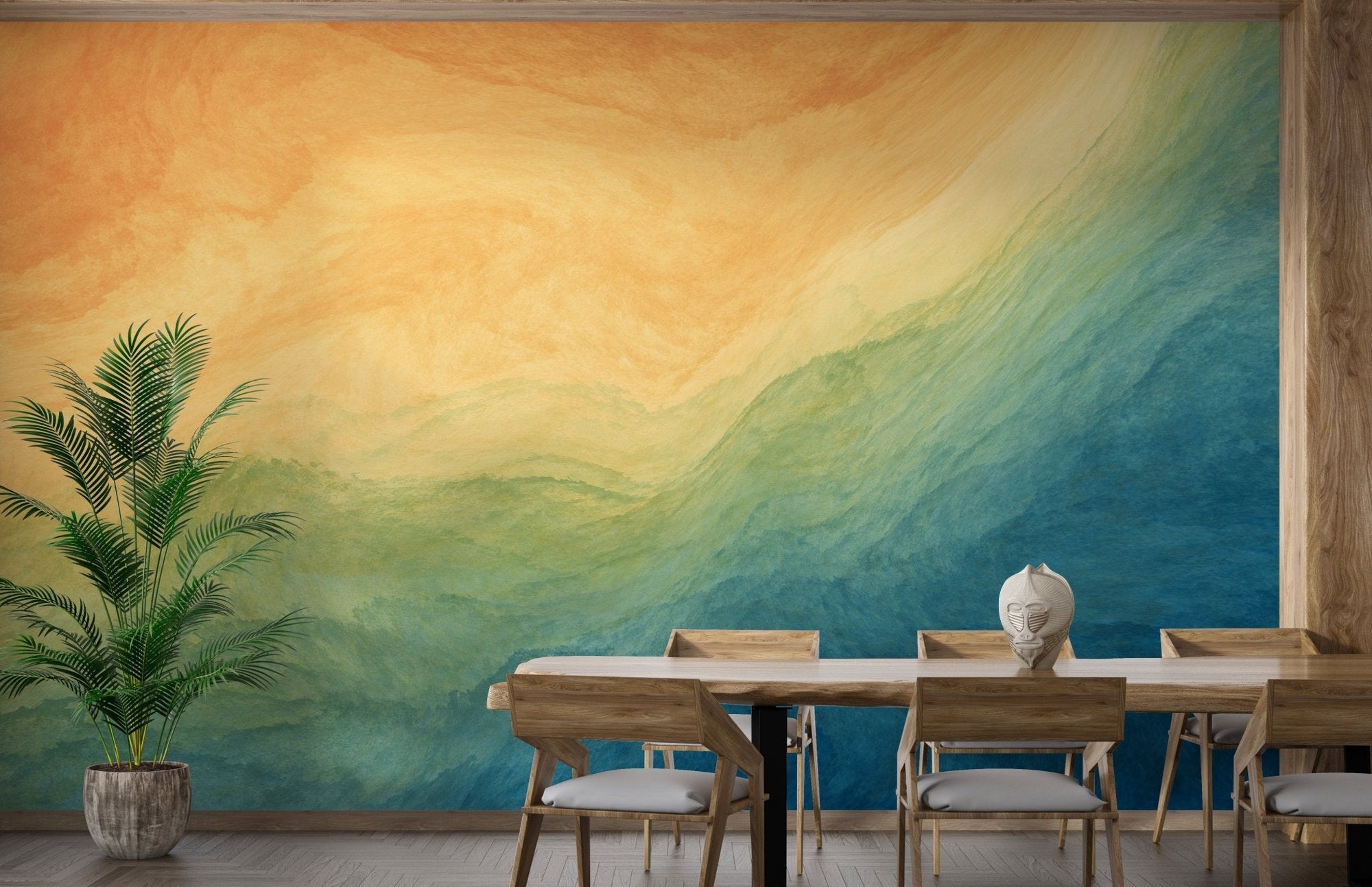 Abstract blue and yellow wall mural styling for open dining spaces