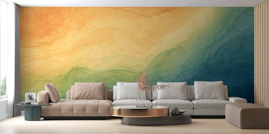 Blue and yellow watercolor wall mural in living room