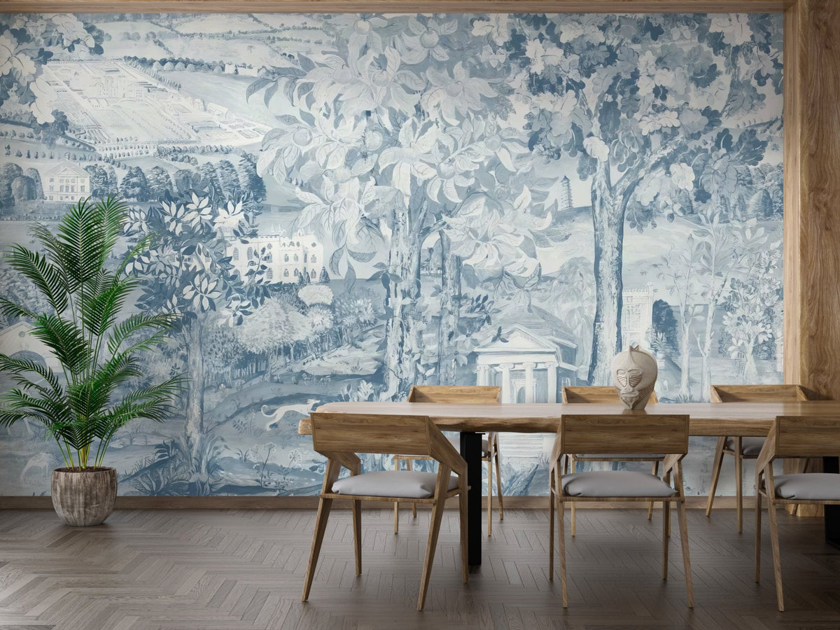 Blue and white illustrative landscape wallpaper featuring rolling hills.
