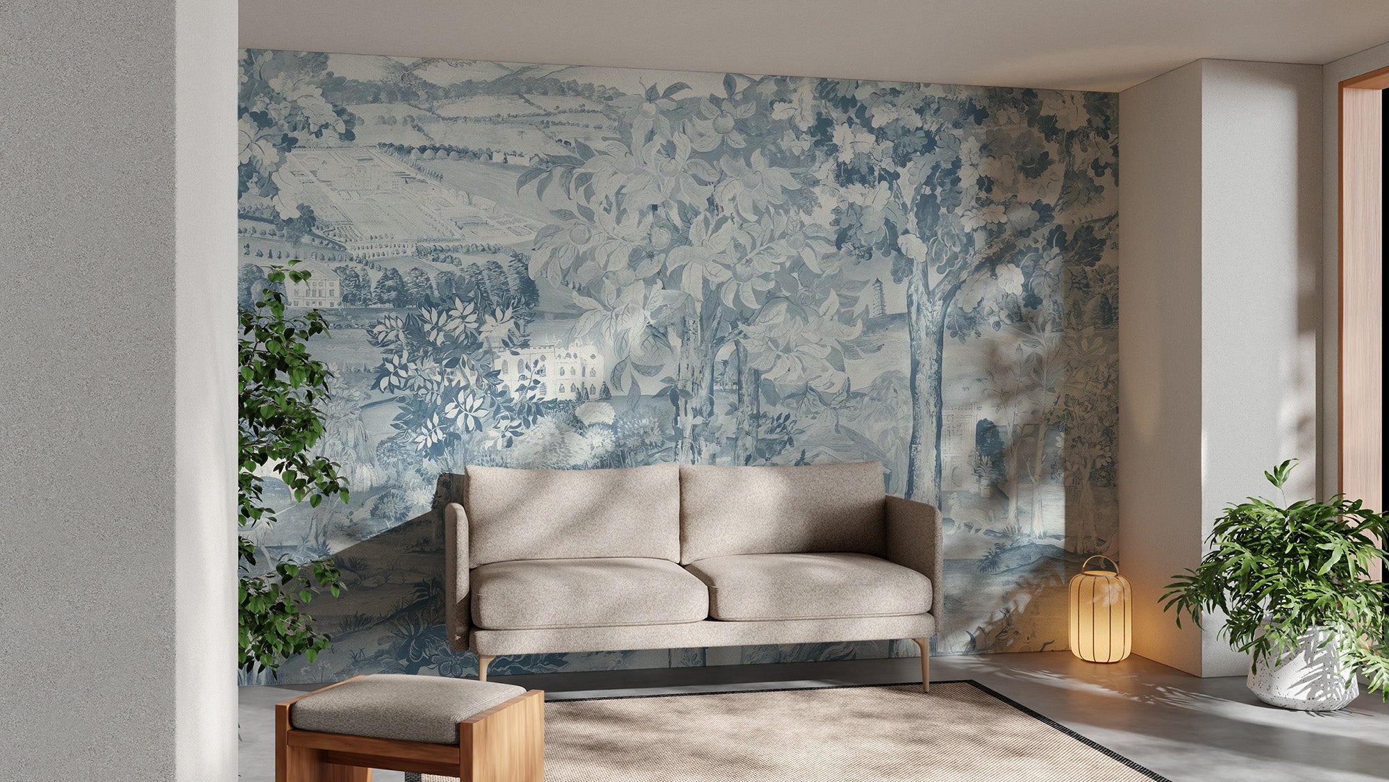 Blue zoffany scene wall mural with mythical unicorn and forest landscape wallpaper.