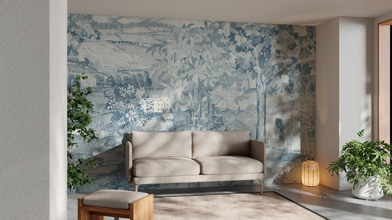 Blue zoffany scene wall mural with mythical unicorn and forest landscape wallpaper.