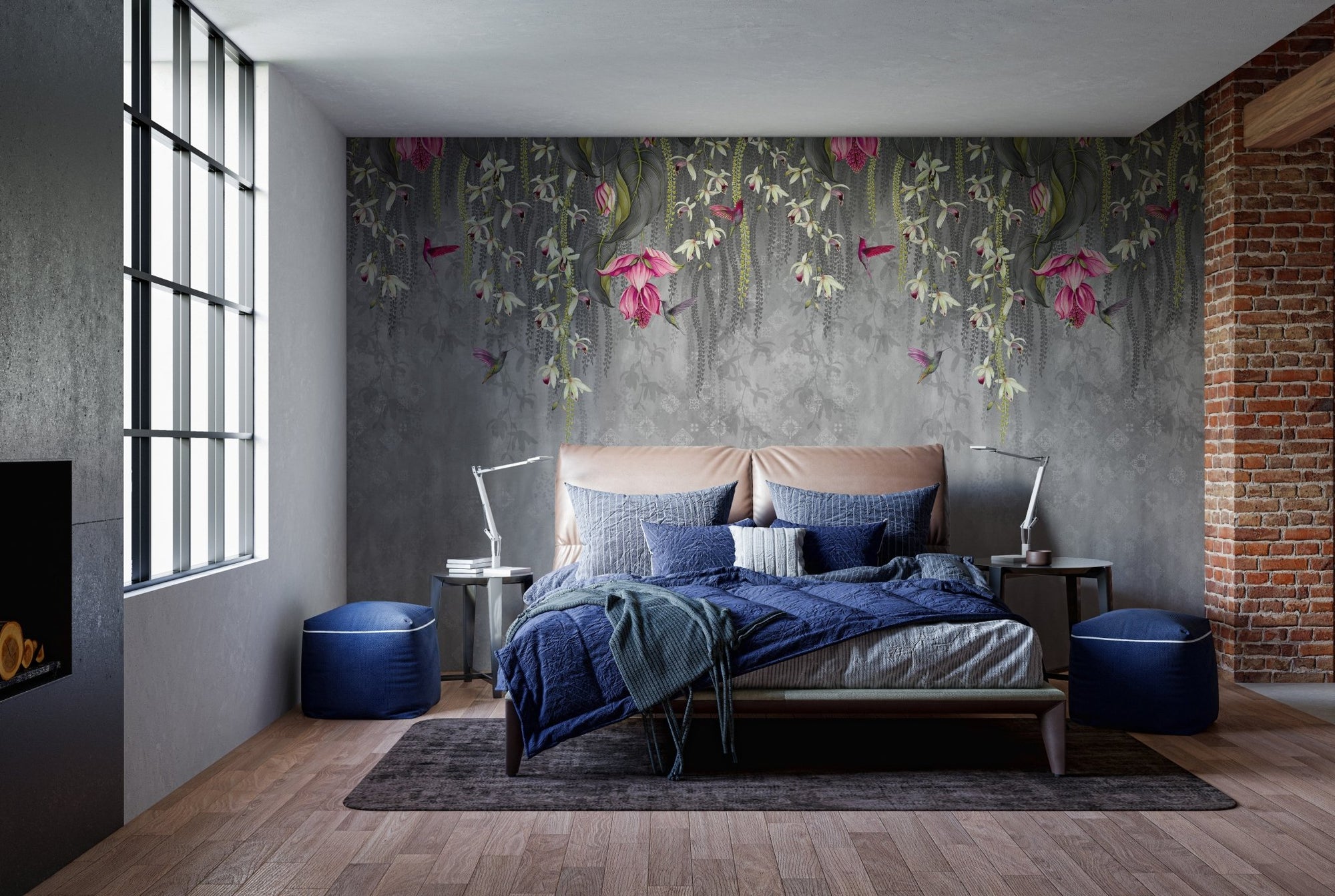 Blush Blossom mural with pink flowers on grey wall in industrial bedroom.