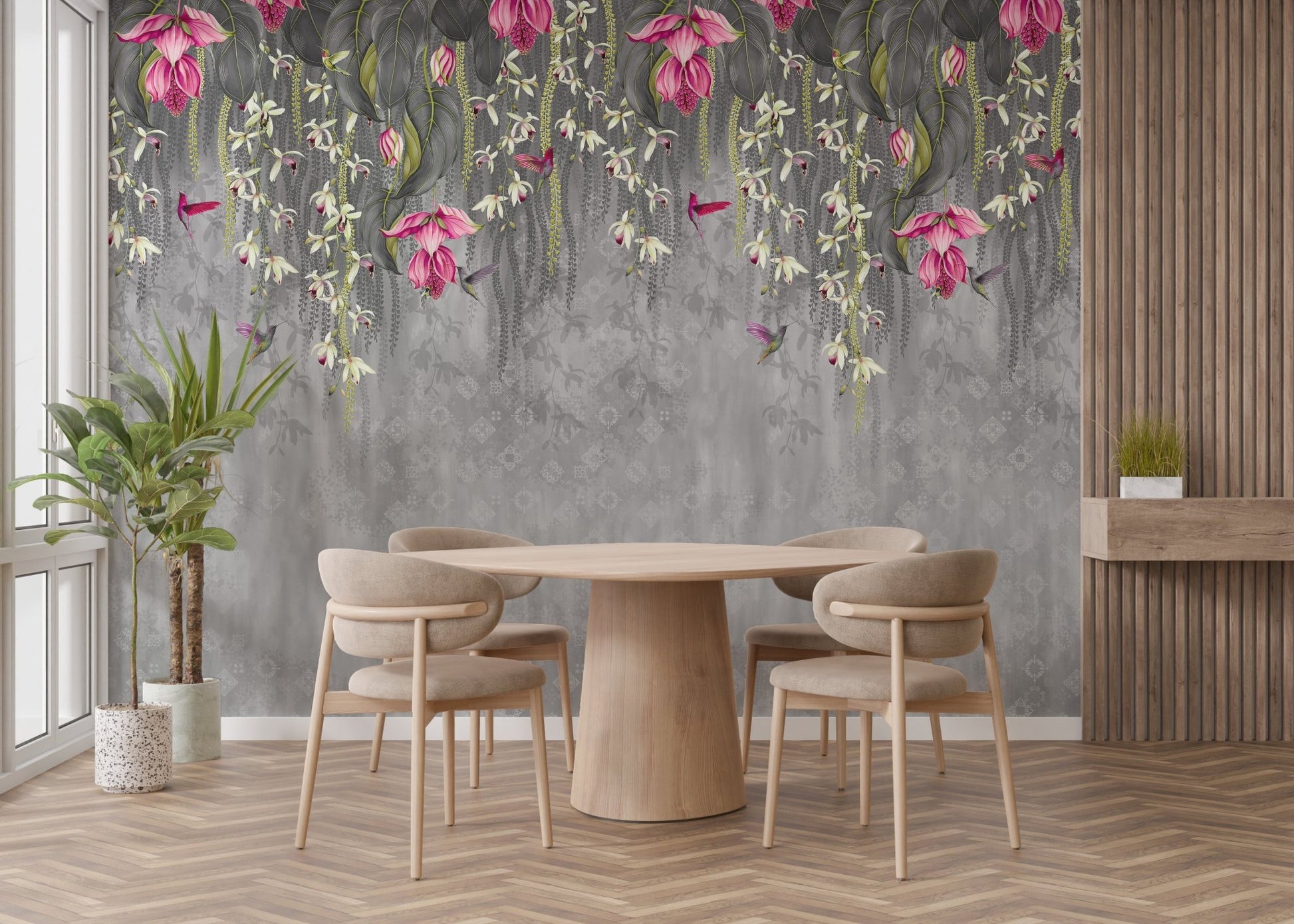 Concrete texture blossom wall mural with pink vines in minimalist dining space.