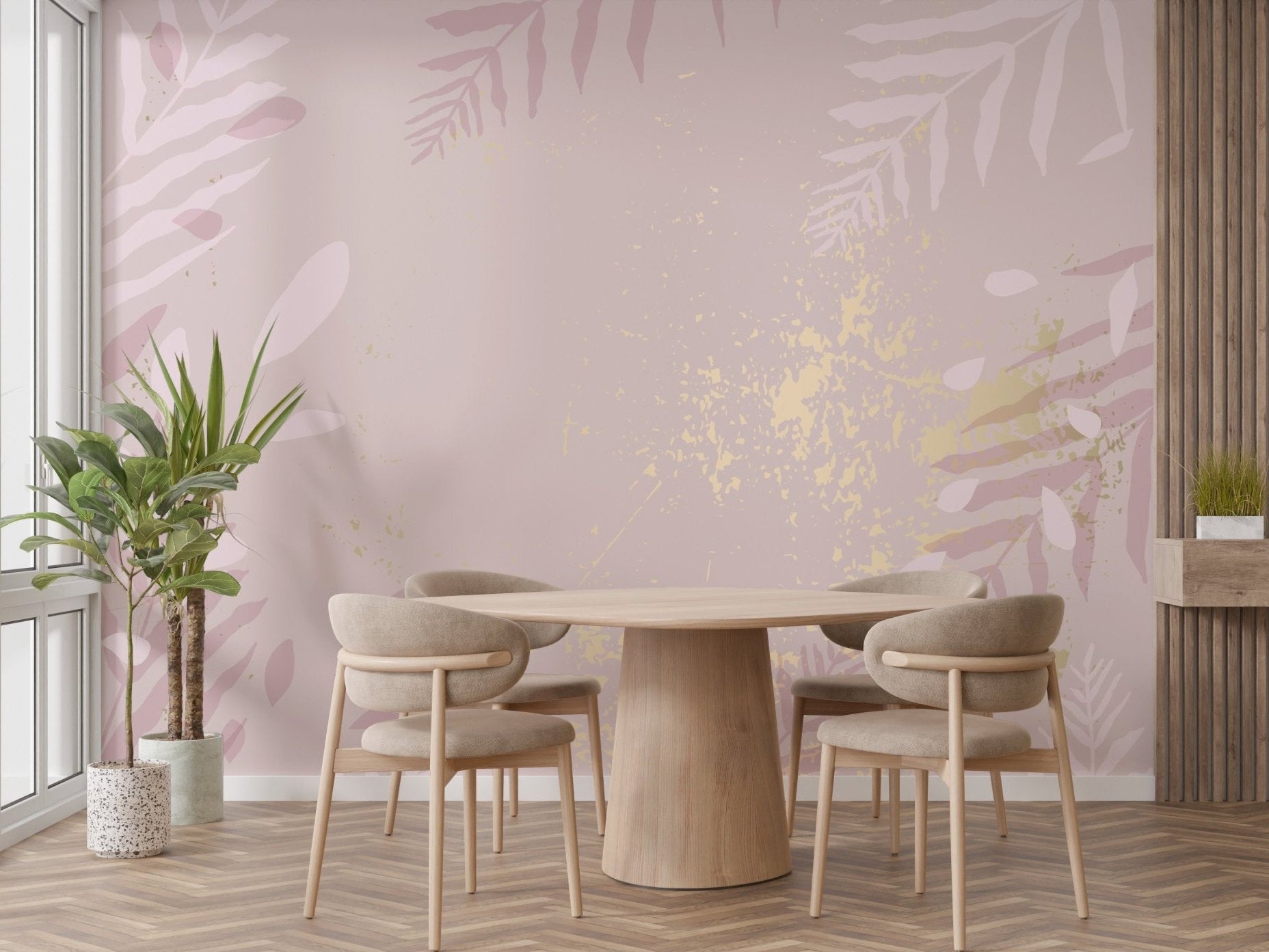 Wall mural showcasing gilded pastel patterns with blush elegance in dining area.
