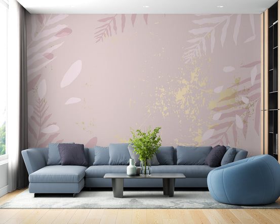Blush-toned mural with gilded pastel details for serene living room spaces.
