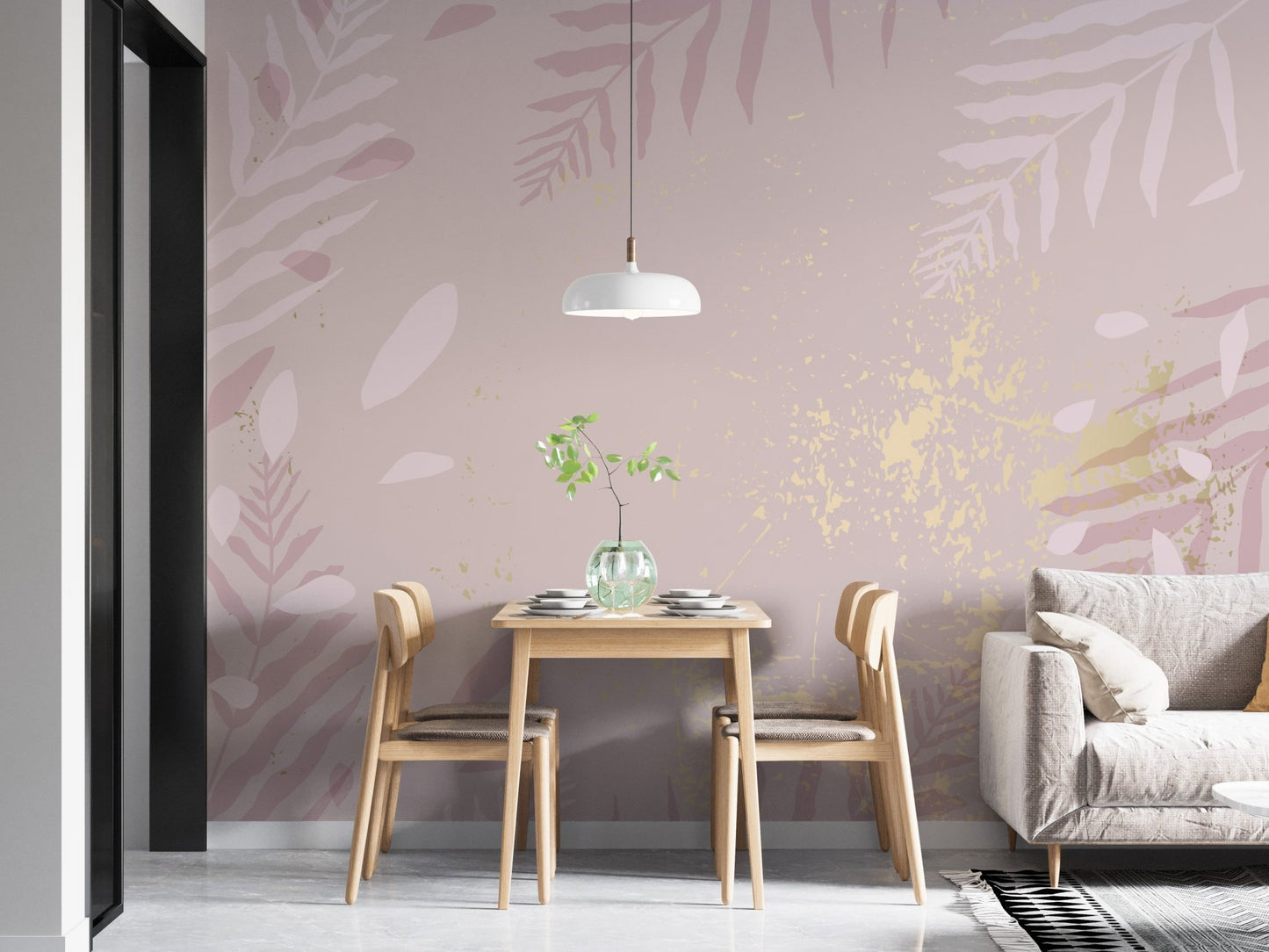 Blush elegance mural featuring soft pastel hues and gilded details in dining area.
