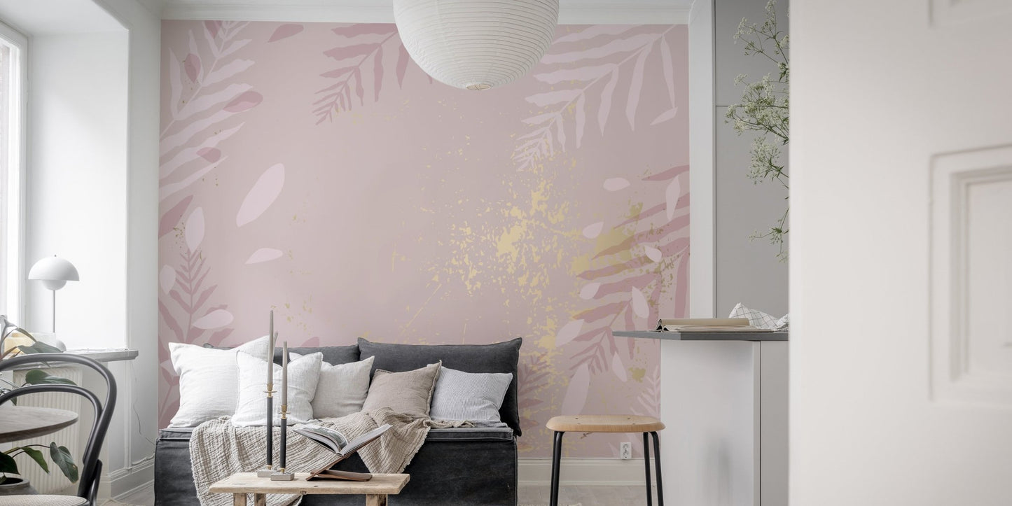 Gilded pastel wall mural adding blush elegance to living room walls.
