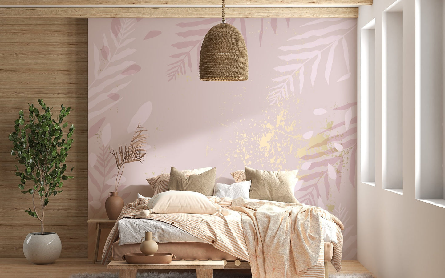 Artistic gilded pastel mural for stylish and graceful bedroom interiors.
