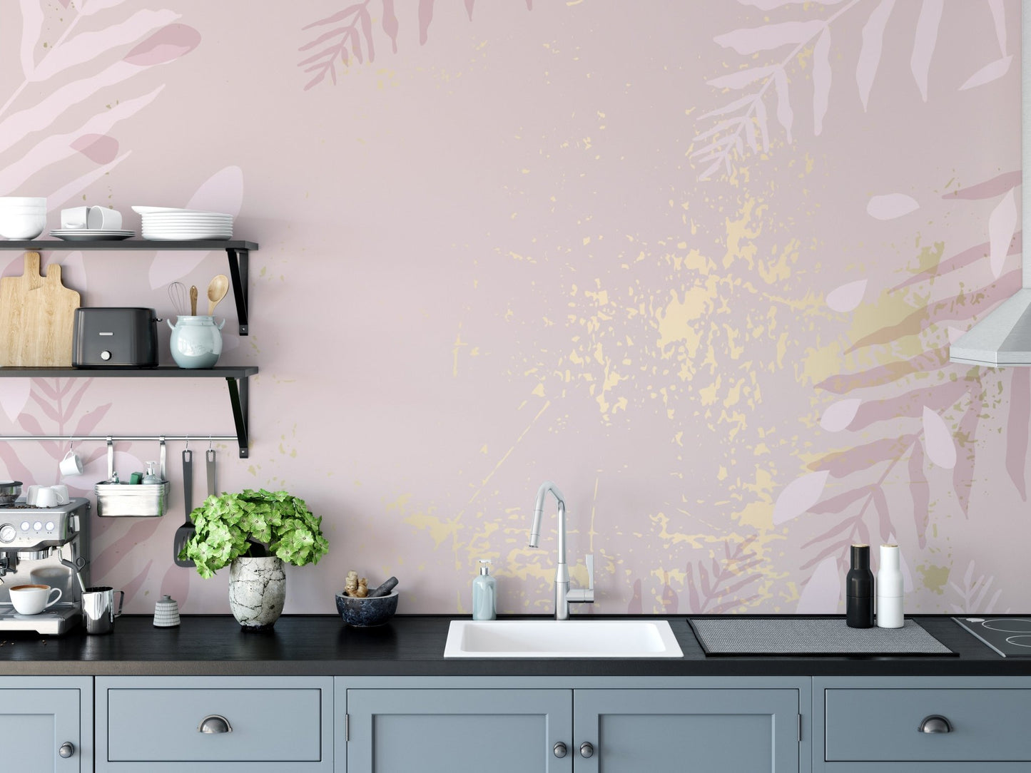 Elegant blush and pastel mural with gilded accents for kitchen walls.
