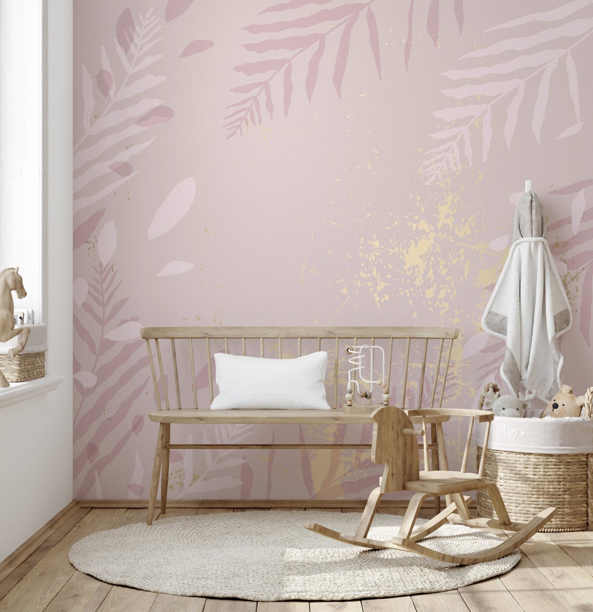 Blush elegance mural with gilded pastel tones for chic kids room decor.
