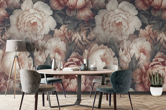 Vintage floral wallpaper with blush pink peonies and dark foliage.