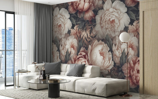 Peony pattern wallpaper with a moody and romantic aesthetic.
