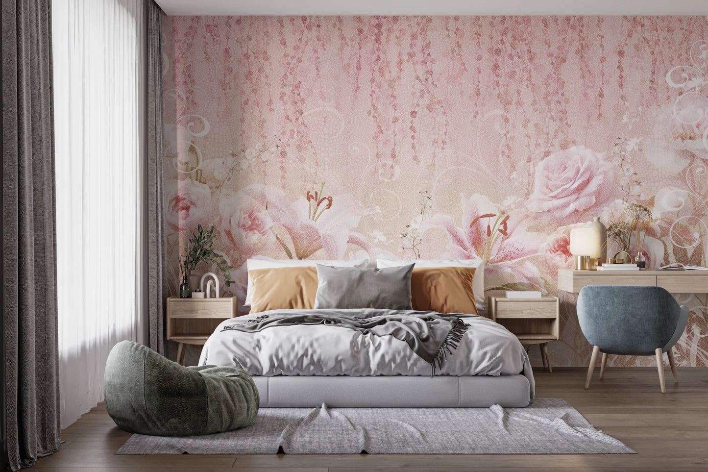 Bedroom featuring Blush Rose Garden Wall Mural with pink floral patterns.