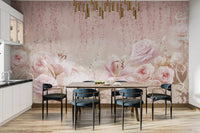 Dining room with a wooden table and a large scale pink rose wall mural.