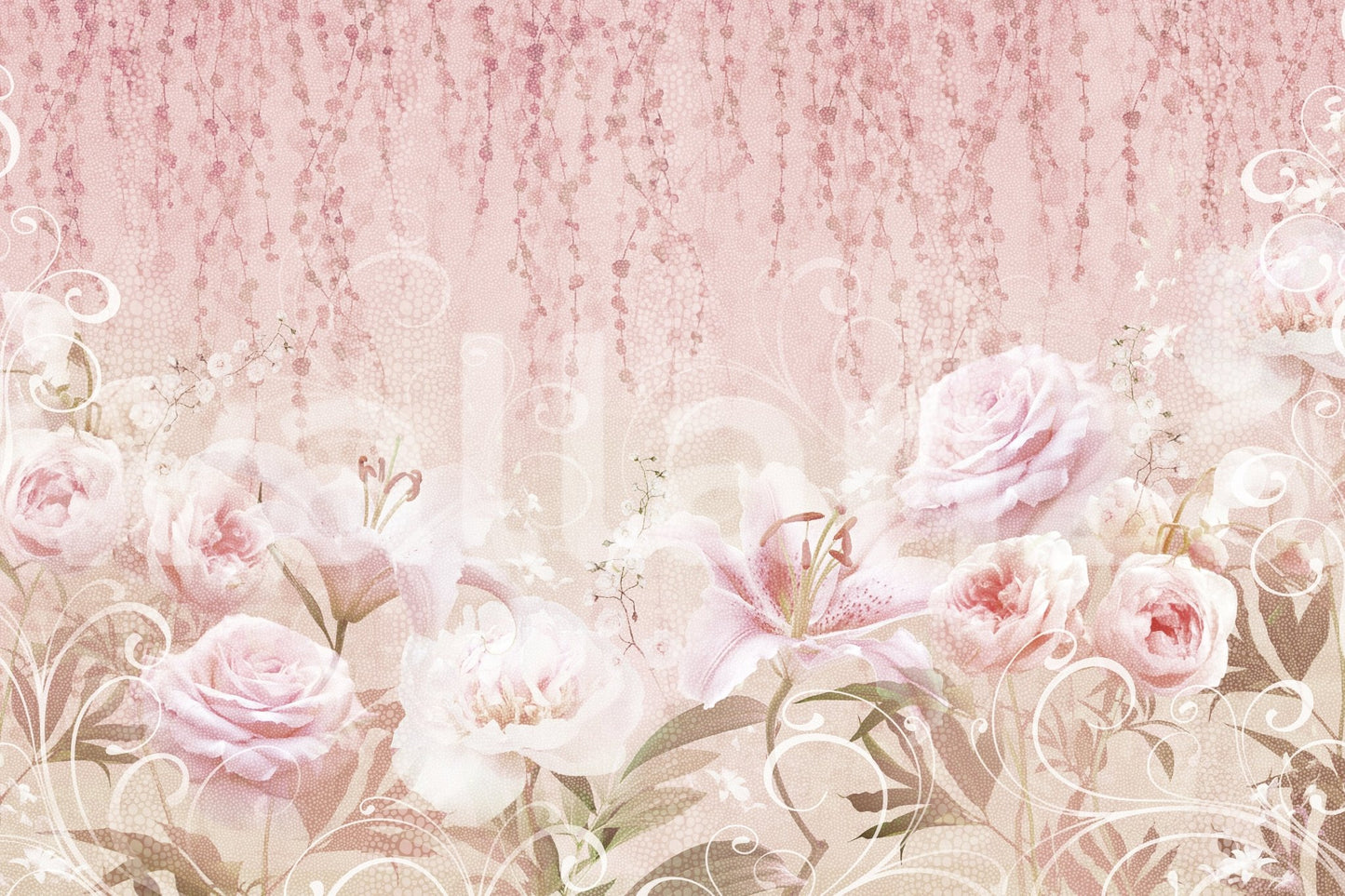 Wide view of a residential interior featuring a rose garden wall mural.
