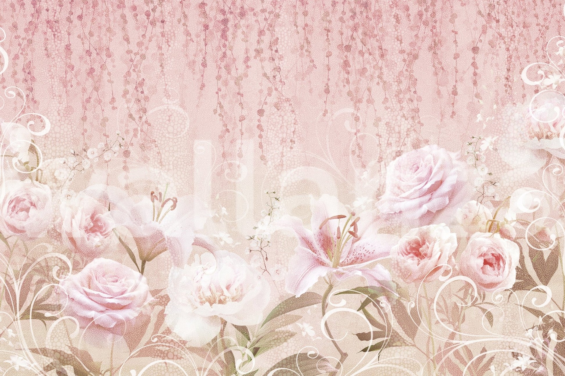 Wide view of a residential interior featuring a rose garden wall mural.