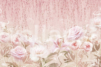 Wide view of a residential interior featuring a rose garden wall mural.