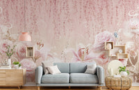 Blue couch and a textured pink rose wall mural in a modern layout.