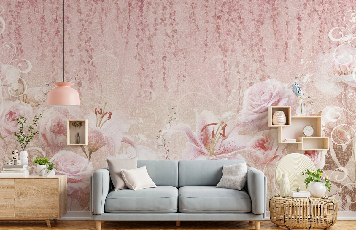 Textured pink rose wall mural in a modern living room.
