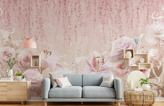 Textured pink rose wall mural in a modern living room.