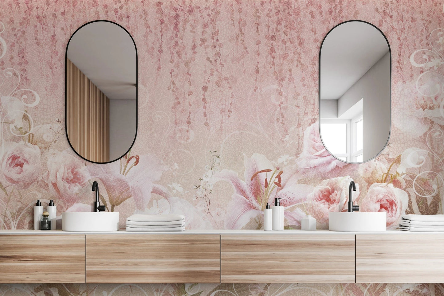 Bathroom vanity with twin mirrors over a pink rose themed wall mural.