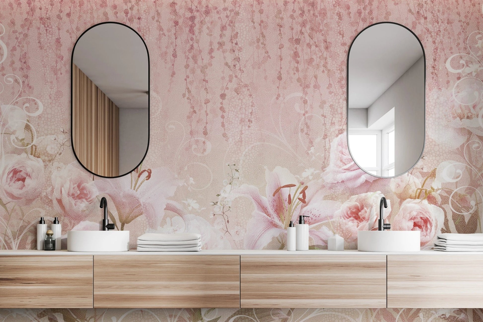 Bathroom vanity with twin mirrors over a pink rose themed wall mural.