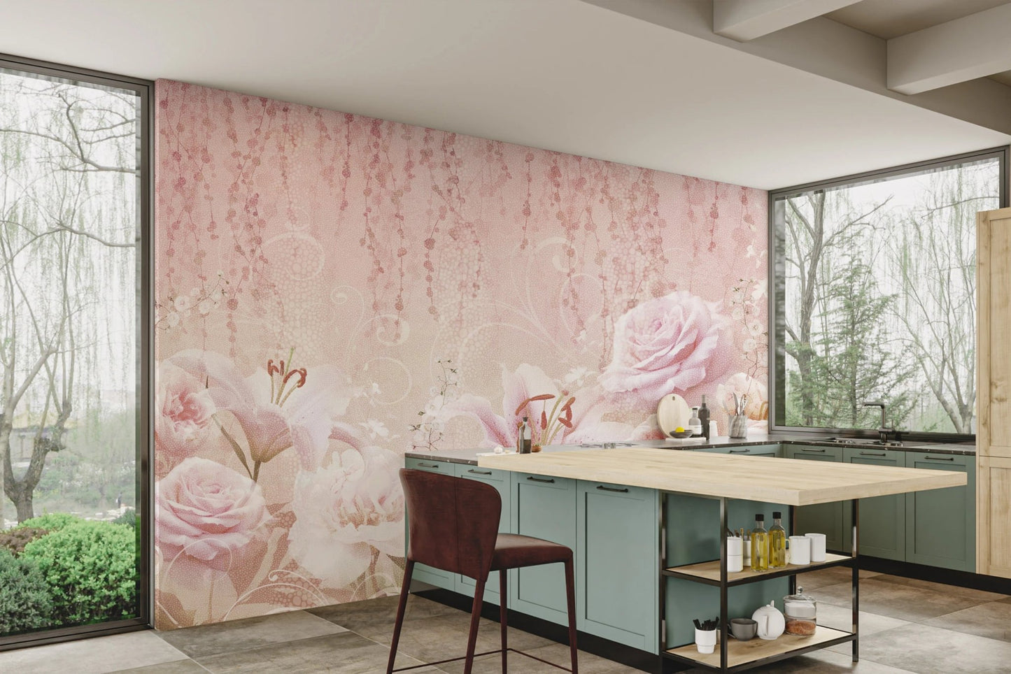 Kitchen area with a light pink rose wall mural and a marble island.