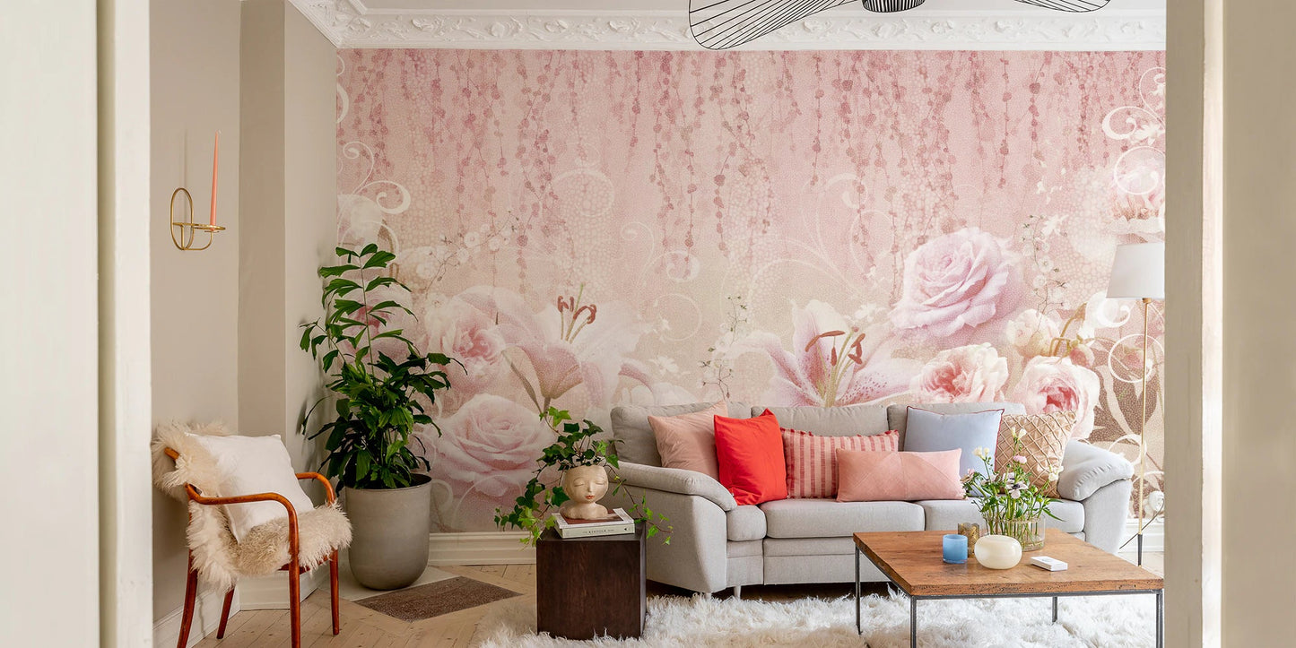Living space with a wooden desk and a Blush Rose Garden Wall Mural.