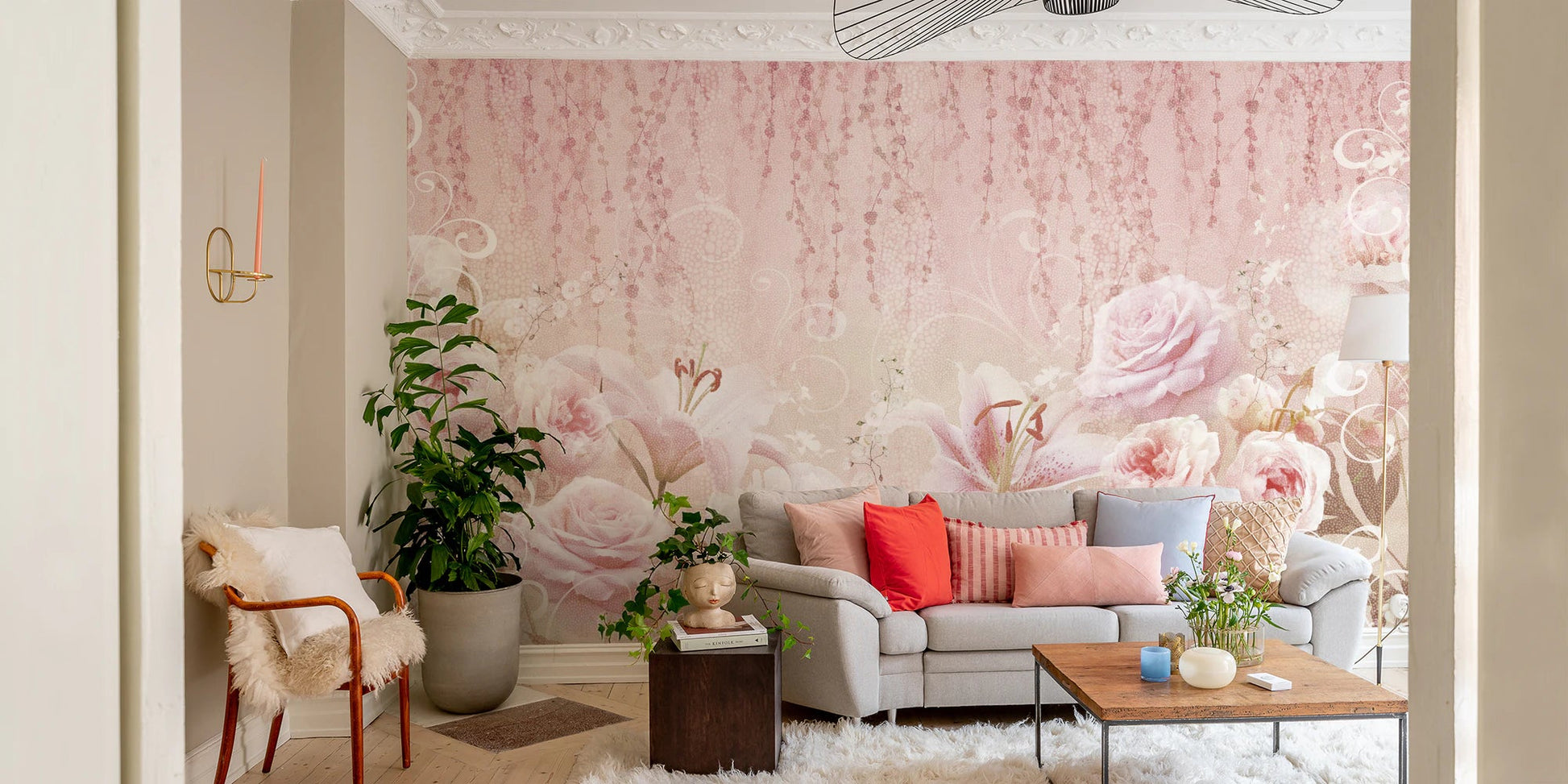 Living space with a wooden desk and a Blush Rose Garden Wall Mural.