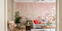 Living space with a wooden desk and a Blush Rose Garden Wall Mural.