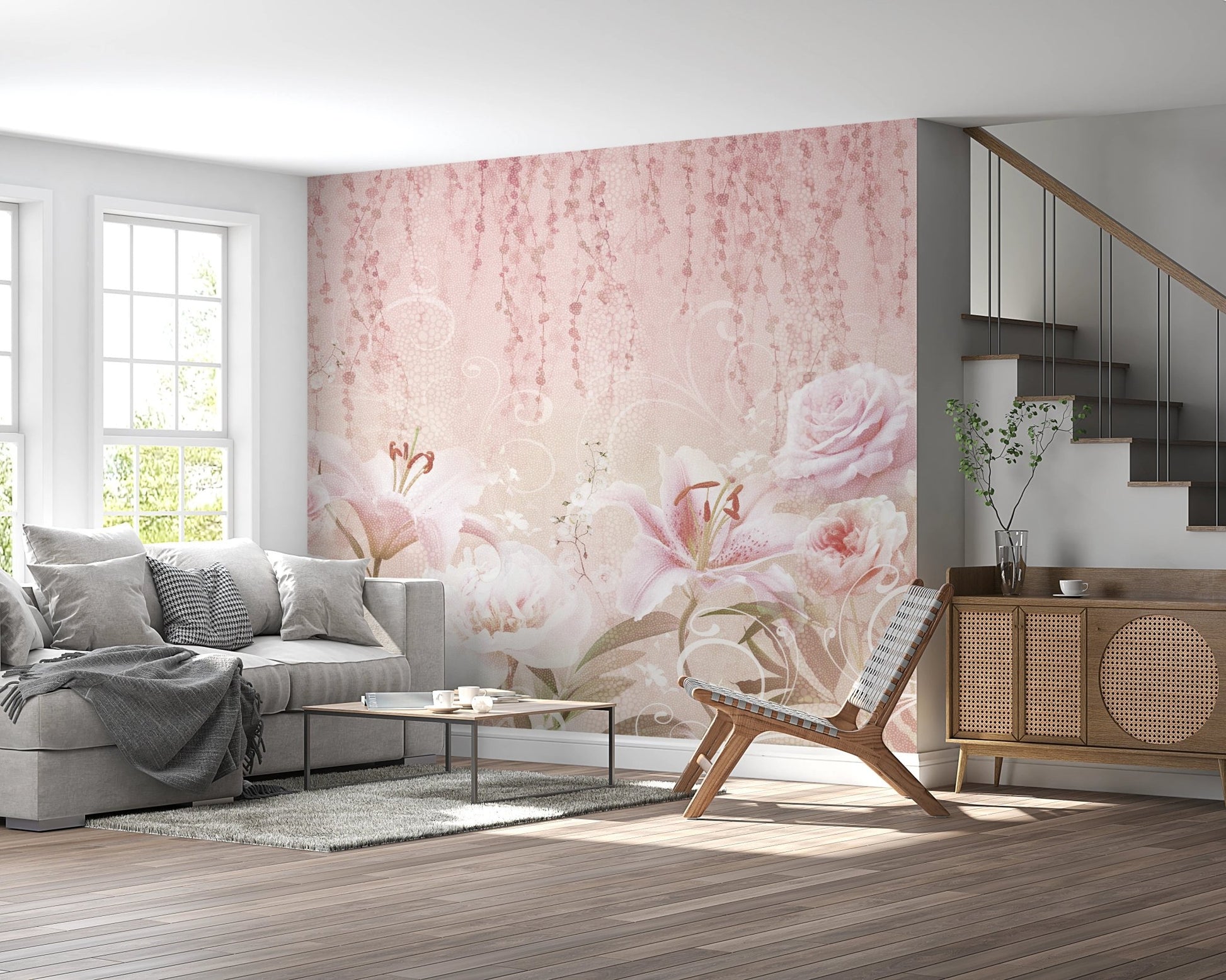 Living with a grey sofa and a large pink rose wall mural background.