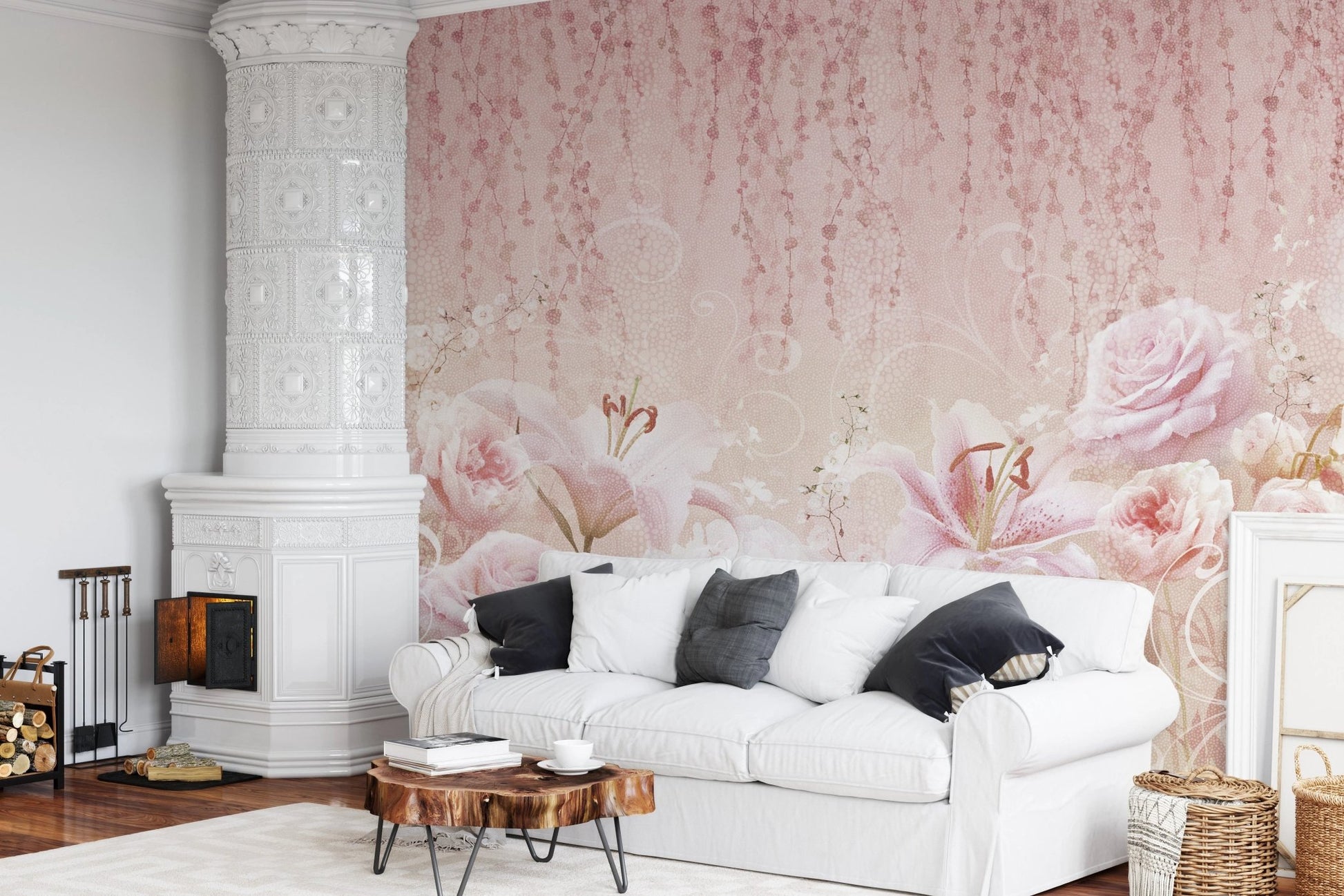 White sofa set against a blush pink floral wall mural with vertical textures.