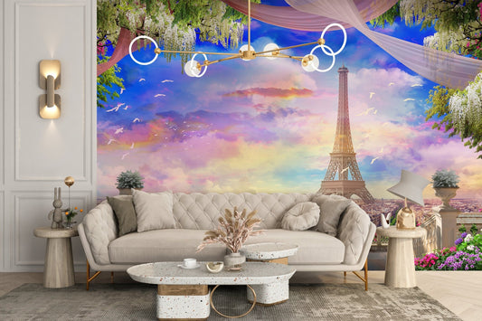 Paris city wall mural in a modern living room with a velvet couch.