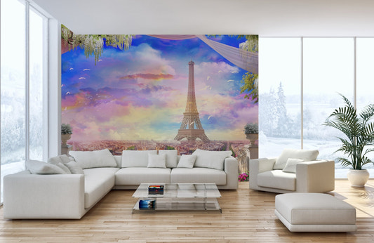 Paris Eiffel Tower wallpaper mural in a large white living room with a sectional sofa.