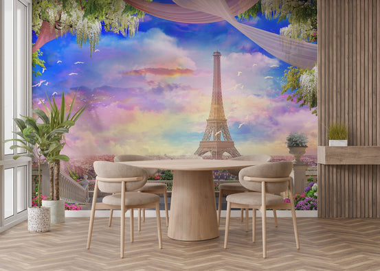 Blush Sunset Over Paris Wall Murals in a dining area with a round wooden table.