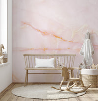 Artistic mural featuring blushing pink onyx marble textures in kids playroom.
