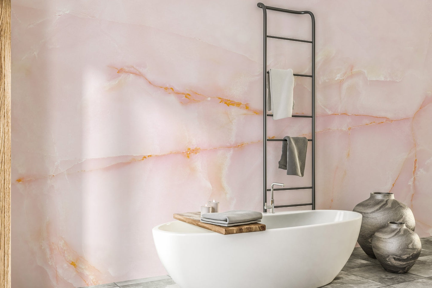Blushing pink onyx marble mural for timeless and stylish bathroom decor.
