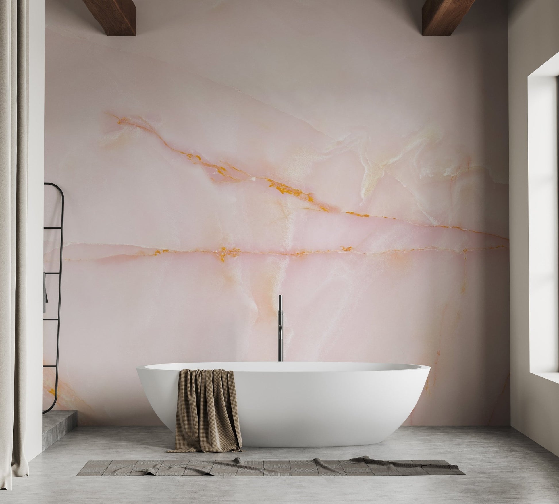 Luxurious pink onyx mural blending elegance and natural patterns in bathroom.
