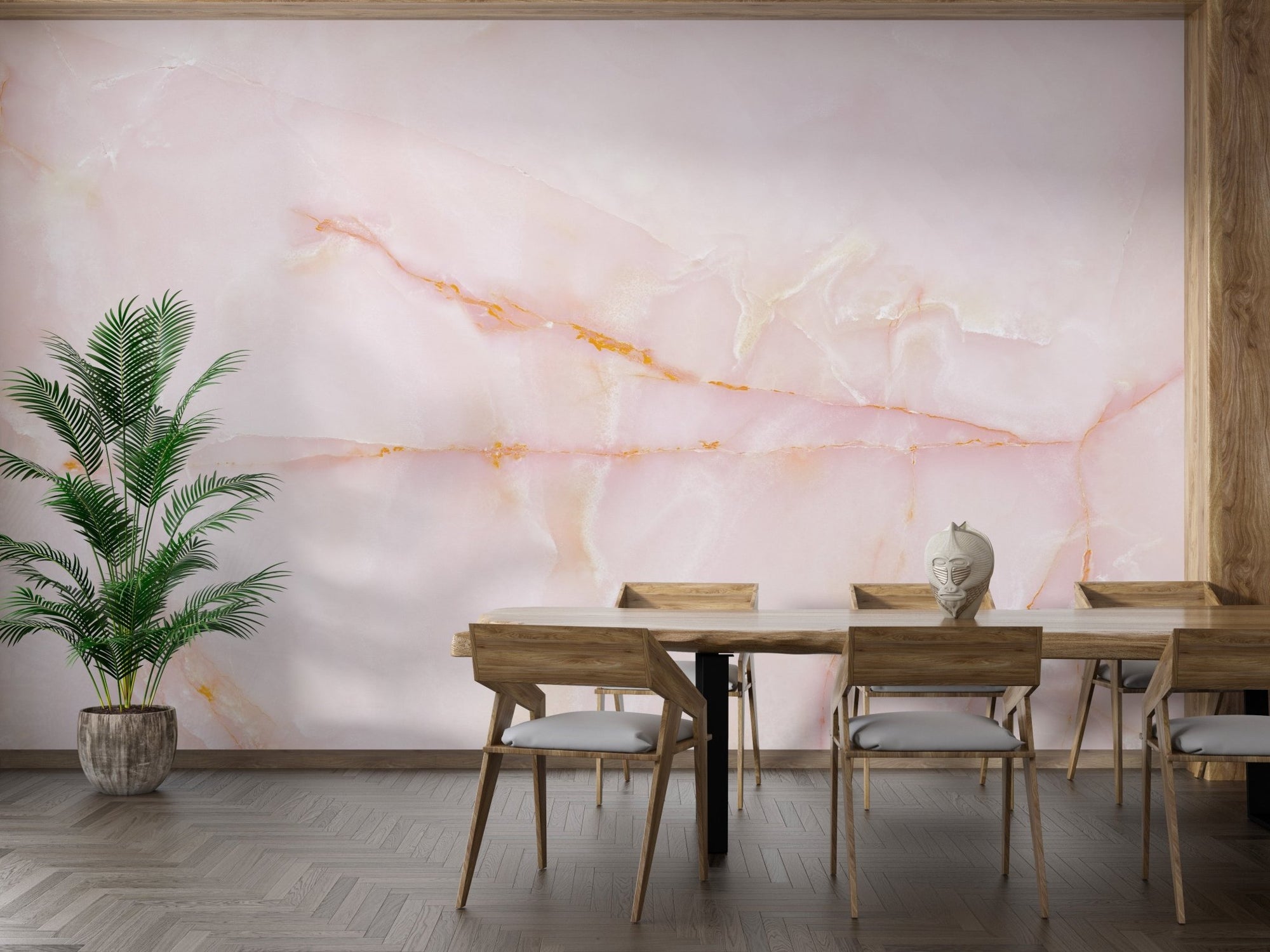 Pink onyx marble wallpaper mural with soft and luxurious patterns in dining room.
