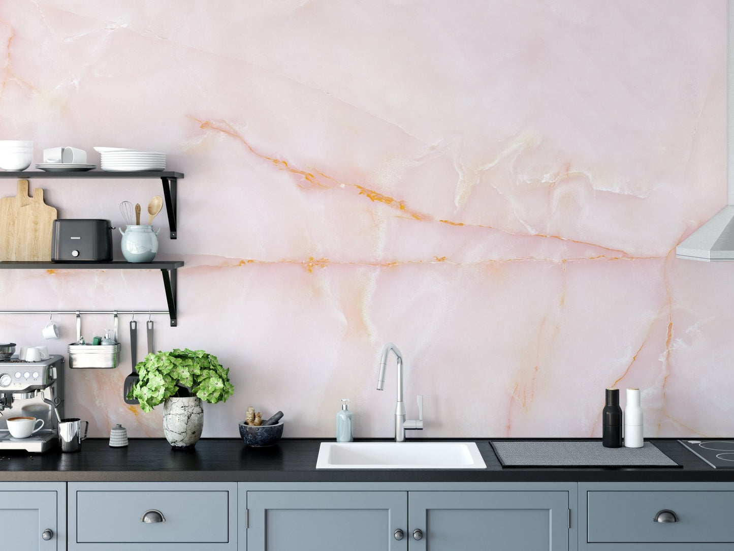 Wall mural showcasing blushing pink onyx marble for chic kitchen interiors.
