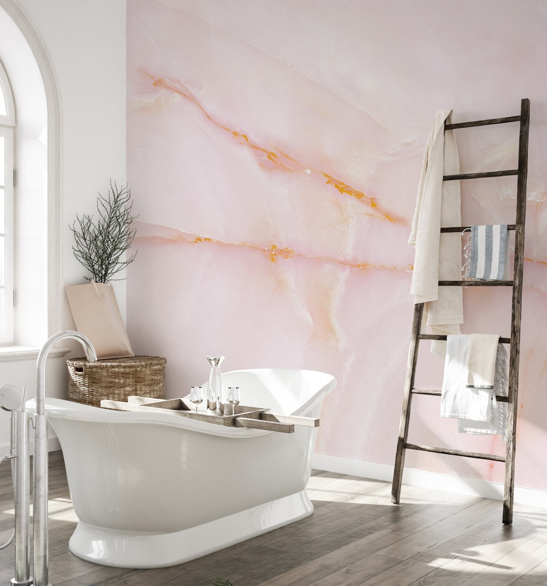 Soft pink onyx marble mural for refined and graceful bathroom spaces.
