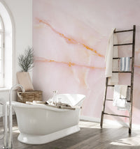 Soft pink onyx marble mural for refined and graceful bathroom spaces.
