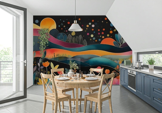 Bohemian Midnight Bloom Wall Mural with dark floral patterns