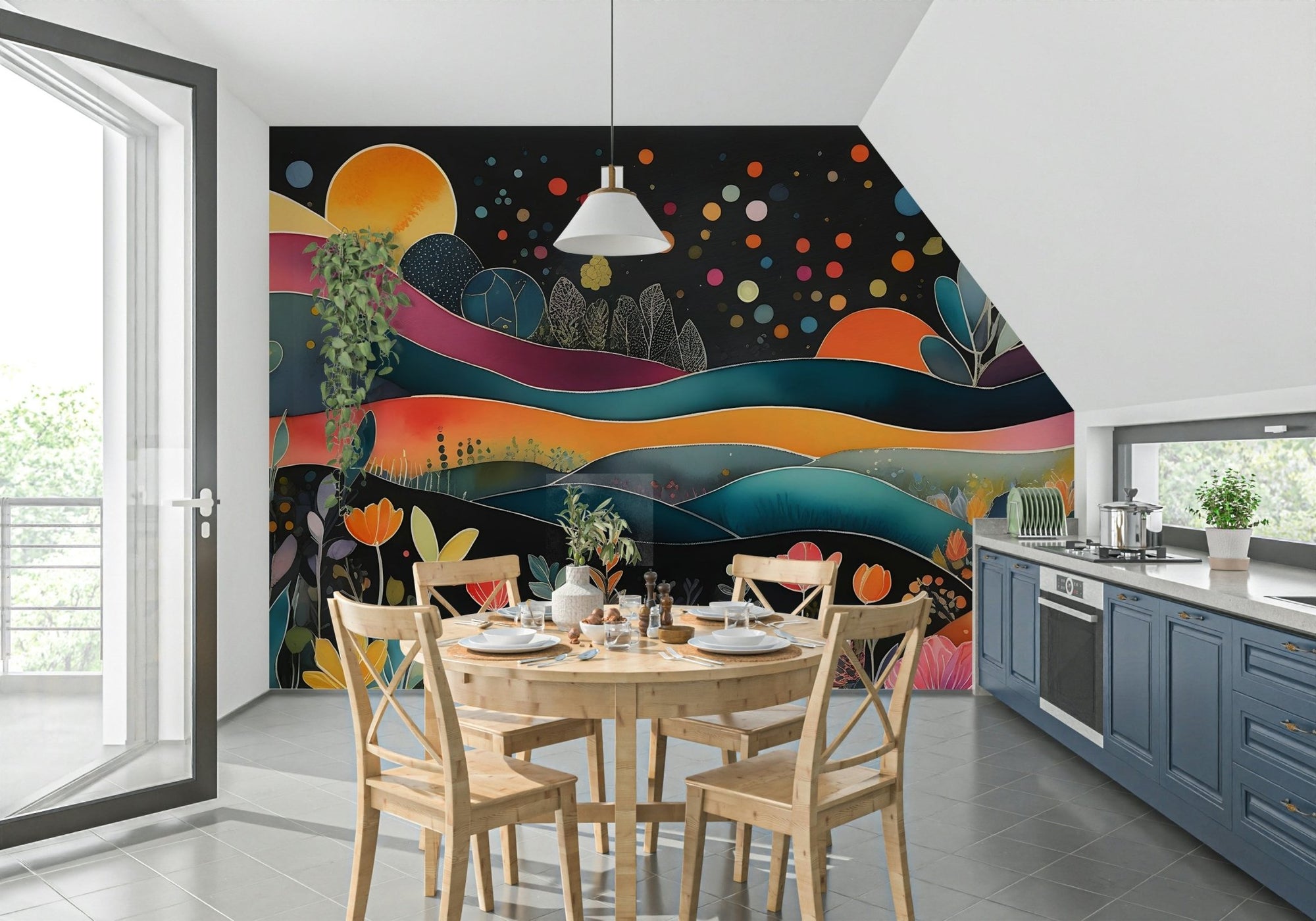 Bohemian Midnight Bloom Wall Mural with dark floral patterns