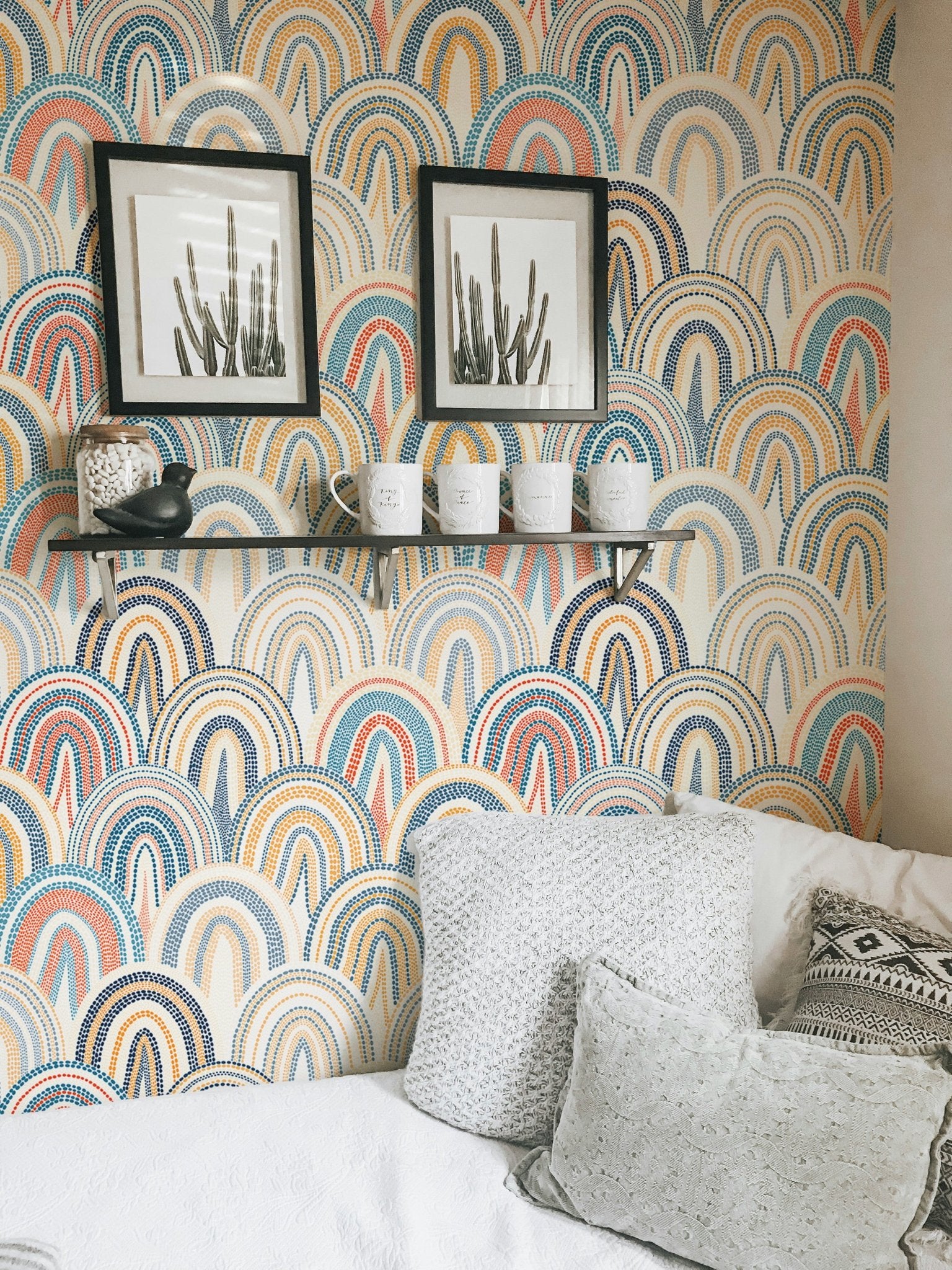 Bohemian Patchwork Pattern Polka Dots Style Wallpaper in a bright living space.