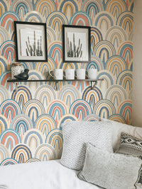 Bohemian Patchwork Pattern Polka Dots Style Wallpaper in a bright living space.
