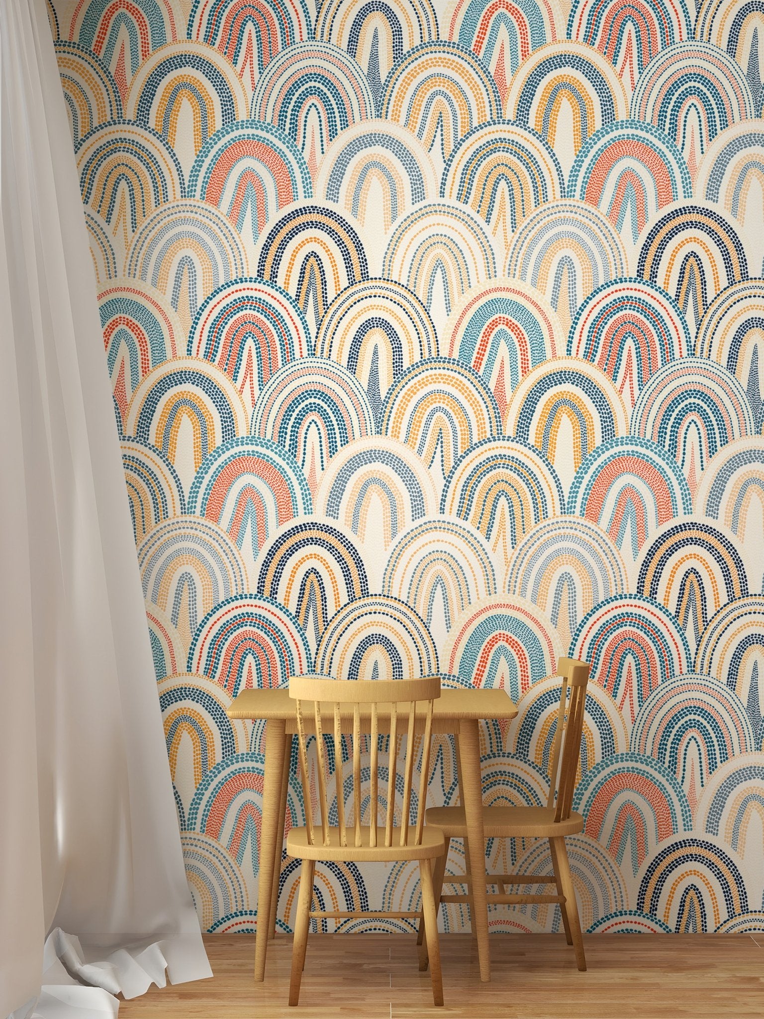Bohemian patchwork pattern wallpaper in a dining area with wooden furniture.