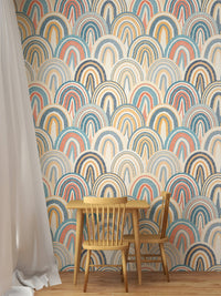 Bohemian patchwork pattern wallpaper in a dining area with wooden furniture.