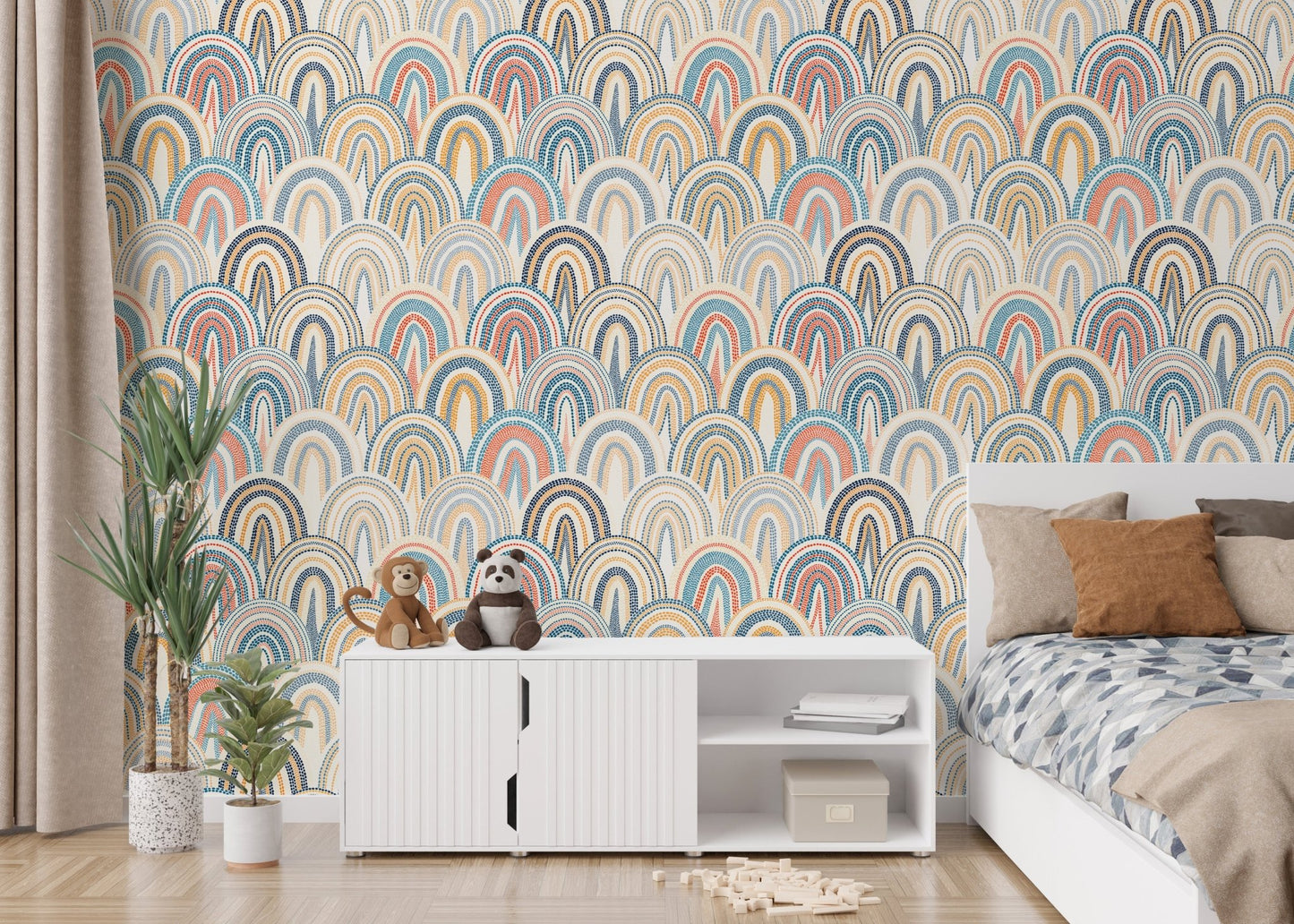 Kids bedroom featuring Bohemian Patchwork Pattern Polka Dots Style Wallpaper.